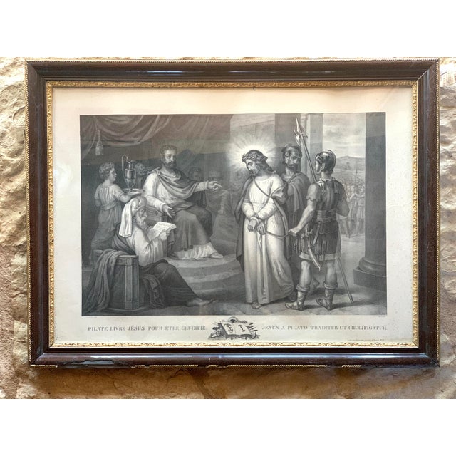 Monumental Antique Early 19th Century "Pilate Hands Jesus Over to Be Crucified" European Religious Lithograph by F. Courtin, Framed For Sale - Image 12 of 13