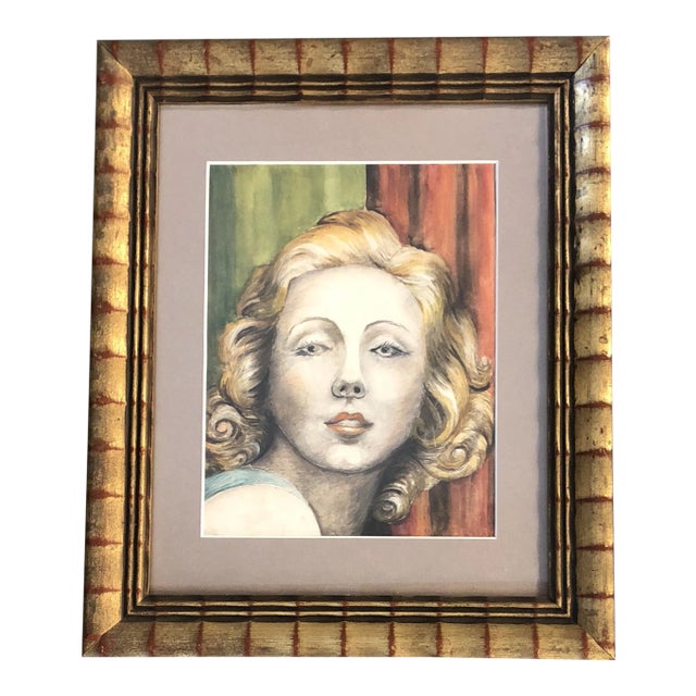 Vintage Original Female Portrait Watercolor Painting For Sale