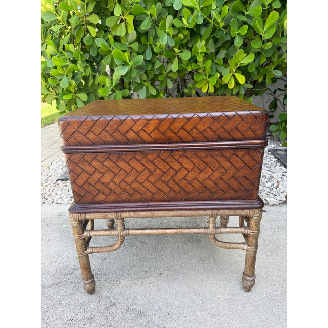 Brown Vintage Faux Bamboo Leather Wrapped Storage Chest End Table Attributed to Maitland-Smith For Sale - Image 8 of 12