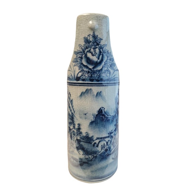 Unique 20th century Chinese water carrying vessel shape vase, crackle finish, landscape motif, in excellent condition....