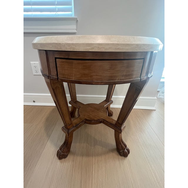 Renaissance Round Wood and Travertine Top Sussex Side Table/Nightstand Attributed to Kreiss Sussex—Natural Walnut With Neoclassical Paws For Sale - Image 3 of 13