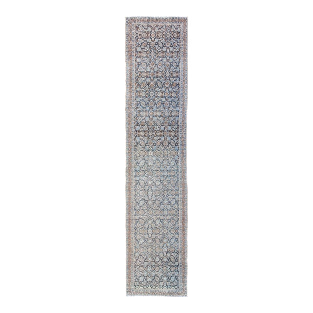 Antique Persian Tabriz Runner With Allover Floral Design in Soft Blue and Taupe For Sale