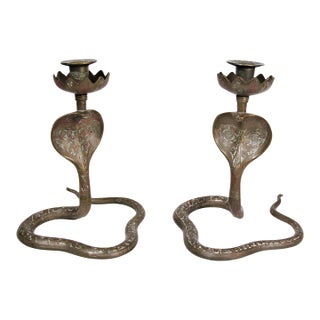Pair of Vintage Hand-Engraved Brass Cobra Snake Candleholders For Sale