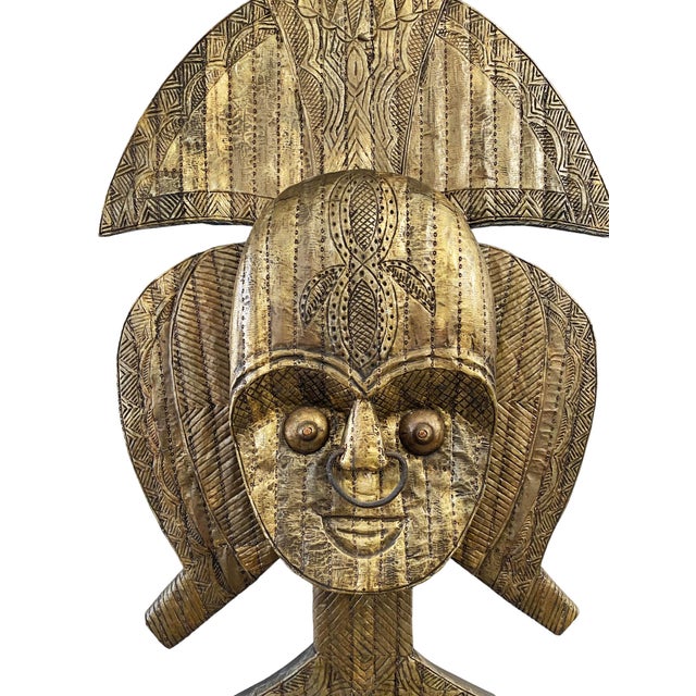 Large Vintage Bakota Brass and Wood Sculpture W/Stand 44.5" H Gabon For Sale - Image 4 of 8