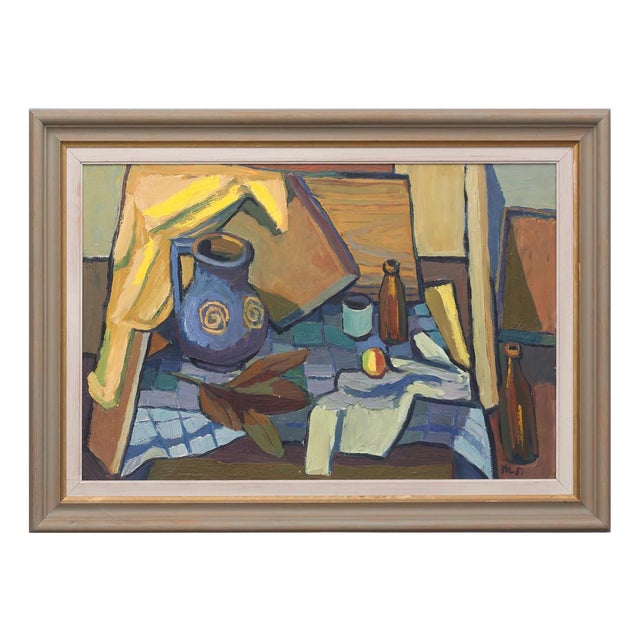 Martin Lindberg, Still Life with Jug and Bottles, 1951, Oil Painting on Panel, Framed For Sale