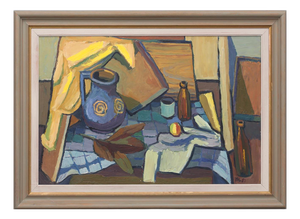 Martin Lindberg, Still Life with Jug and Bottles, 1951, Oil Painting on Panel, Framed