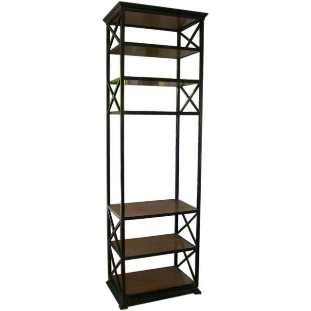 Very heavy and well crafted, this iron and wood ètagerè features X-frame sides. This is very tall, approximately 8 feet...