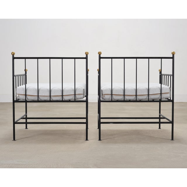 Set of Four French Modernist Iron Brass Ball Finial Lounge Chairs For Sale - Image 15 of 18
