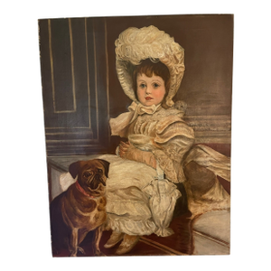 Vintage Oil Painting of Child With a Dog