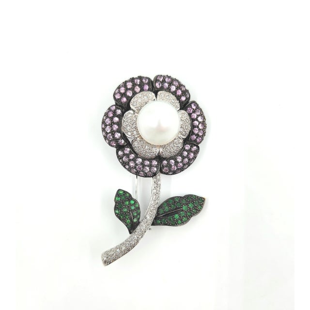 Metal Late 20th Century 2.42 Ct Natural Tourmaline, Tsavorite & Diamond Brooch For Sale - Image 7 of 9