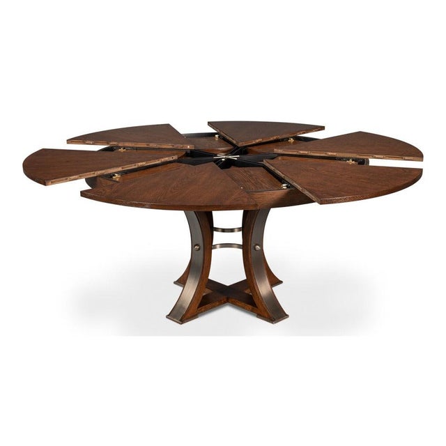 2020s Transitional Round Dining Table, Medium - Warm Brown Oak With Hammered Iron Accents For Sale - Image 5 of 11