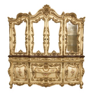Mid 20th Century Monumental Rococo Revival Hand-Painted Floral China Cabinet and Buffet For Sale
