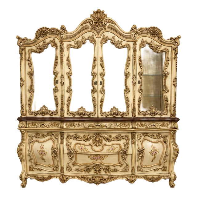 Mid 20th Century Monumental Rococo Revival Hand-Painted Floral China Cabinet and Buffet For Sale