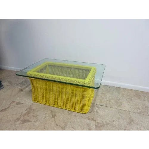 Traditional Drexel Yellow Wicker & Glass Top Coffee Table For Sale - Image 3 of 10