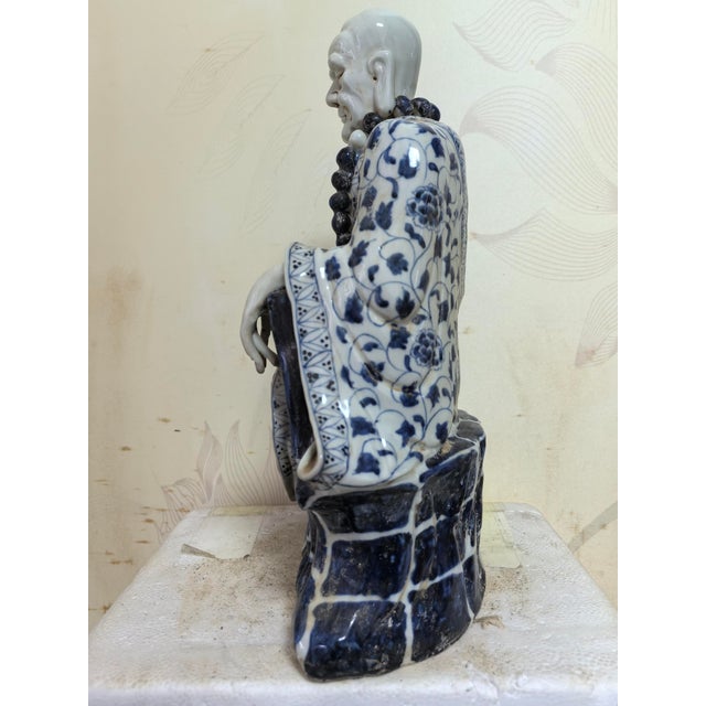 Blue Chinese Vintage Ceramic Buddhist Sculpture,Hand Carved Blue and White Porcelain the Eighteen Arhats Statue For Sale - Image 8 of 10