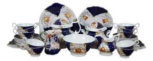 30 Pc Antique Gaudy Welsh Porcelain Cobalt Tulip Tea Coffee Demitasse Set