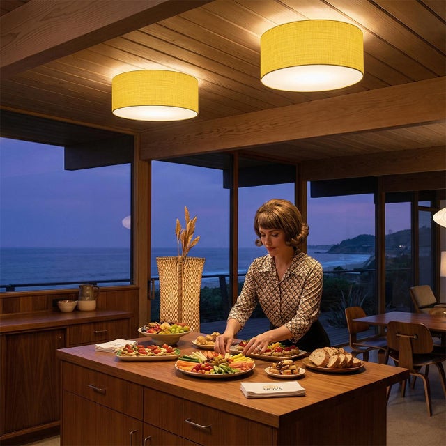 Featuring a mustard linen drum shade, the Stretch Flush Mount is a modern lighting fixture designed by the NOVA Design...