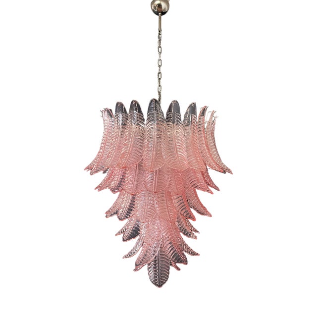 Large Italian Murano Pink Felci Glass Chandelier, 1990s For Sale