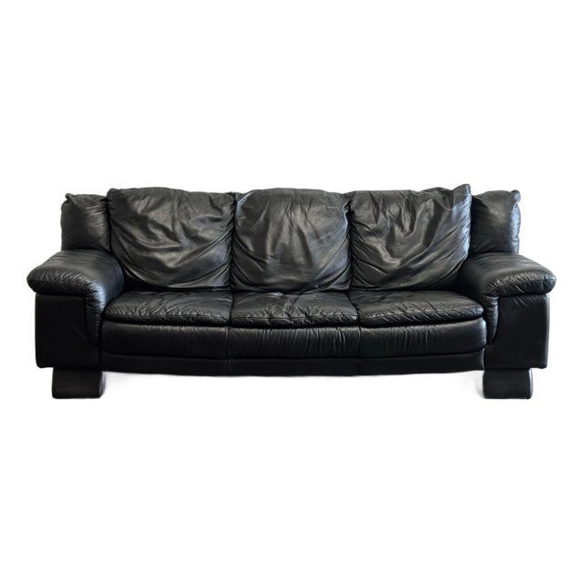 Vintage Italian Black Leather Sofa - Mid Century Modern Style 1980s For Sale