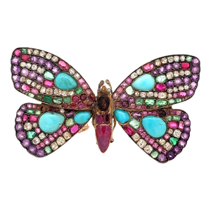 Late 19th Century Antique Multi-Colored Gemstones Diamond Silver-Topped 14k Yellow Gold Butterfly