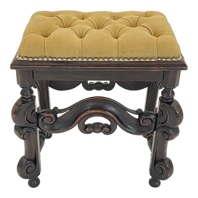 19th Century Italian Baroque Carved Stool or Bench, Linen and Oak, Italy 1800s For Sale
