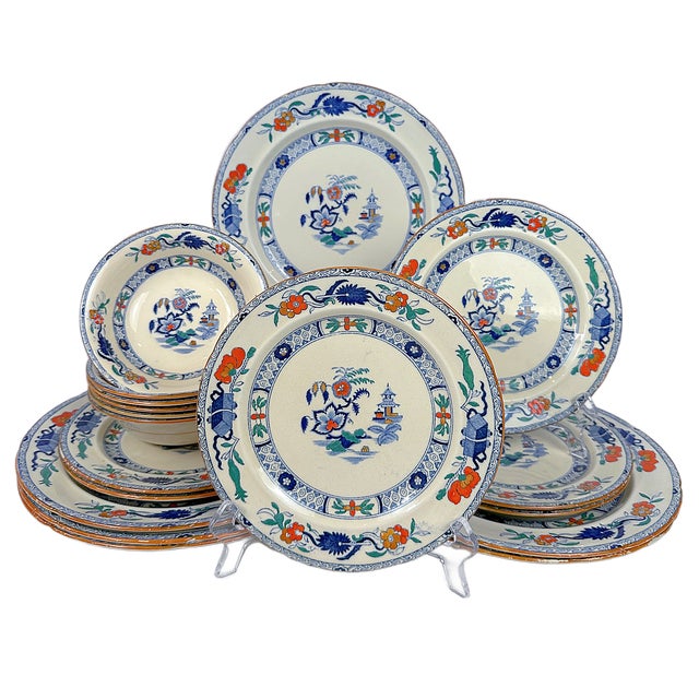 Blue Antique Mason's Ironstone English Chinoiserie Dinnerware - Set of 18 For Sale - Image 8 of 13
