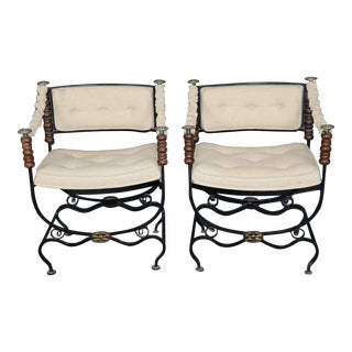 Pair of Italian Wrought Iron Upholstered Savonarolla Style Armchairs With Brass For Sale