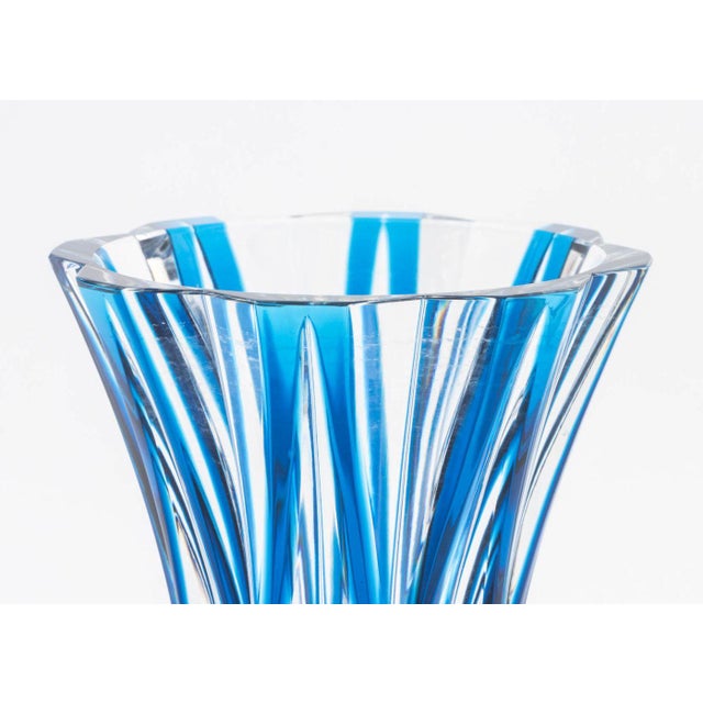 Saint Louis Blue Cut to Clear Crystal Vase, marked "Cristal / St. Louis / France" to underside. 7" H x 5" Diameter....