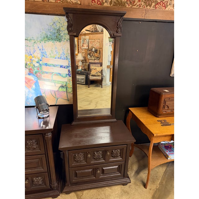 Vintage Spanish Revival Carved Wood Dresser & Matching Mirror Set For Sale - Image 9 of 11