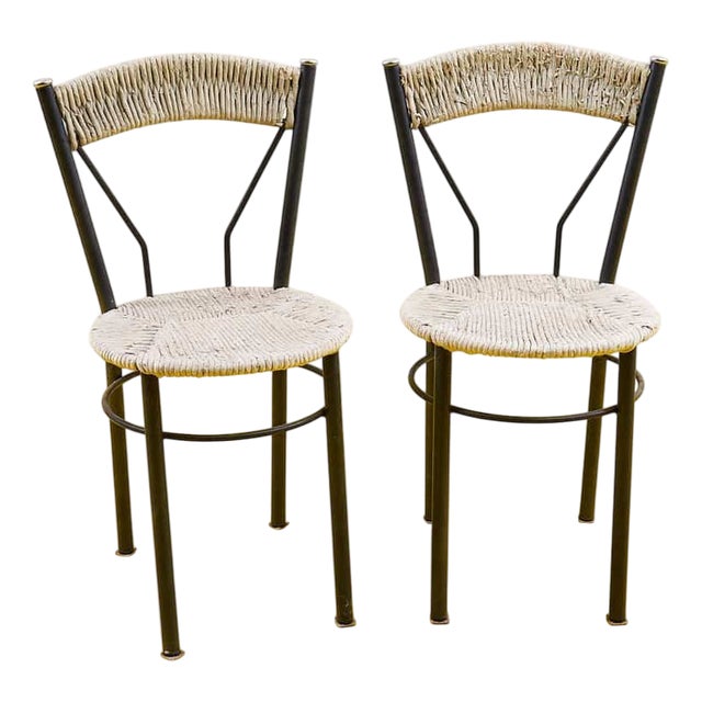 Straw-Seated Metal Chairs, Set of 2 For Sale