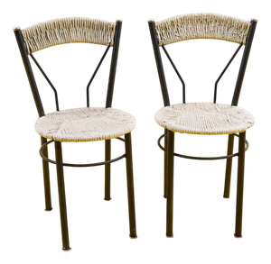 Straw-Seated Metal Chairs, Set of 2