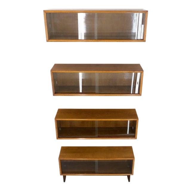 Mid-Century Modern Sliding Glass Doors 4 Bays Stacking or Hanging Bookcase For Sale