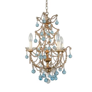 Cage Basket Chandelier with Azure Crystal Drops, 1960s For Sale