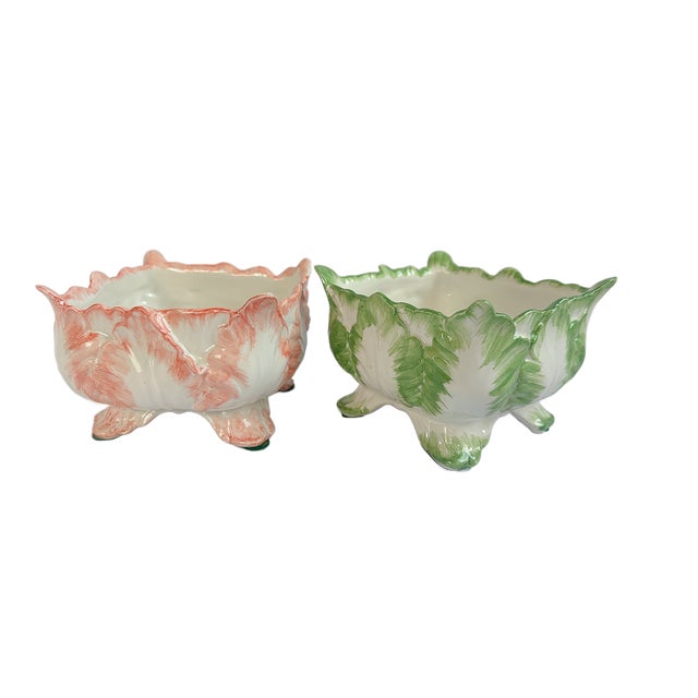 1980s Vintage Mottahedeh Majolica Cabbage Leaf Planters - A Pair For Sale - Image 5 of 8