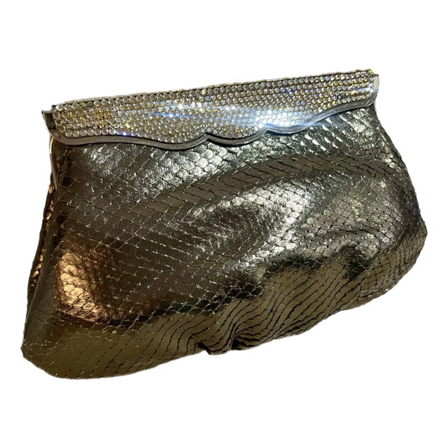 1980s Varon Pewter Snakeskin Clutch With Swarovski Crystal Frame For Sale