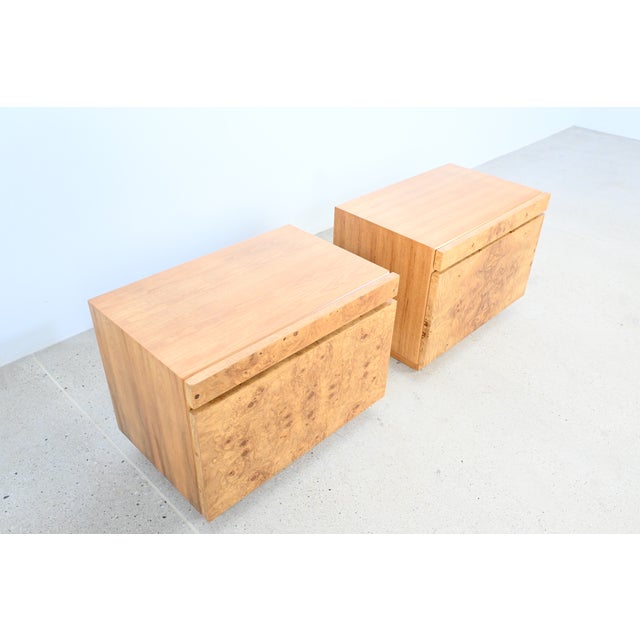 Lane Furniture Milo Baughman Style Mid-Century Burl Wood Nightstands by Lane Furniture, Pair | Newly Refinished For Sale - Image 4 of 14