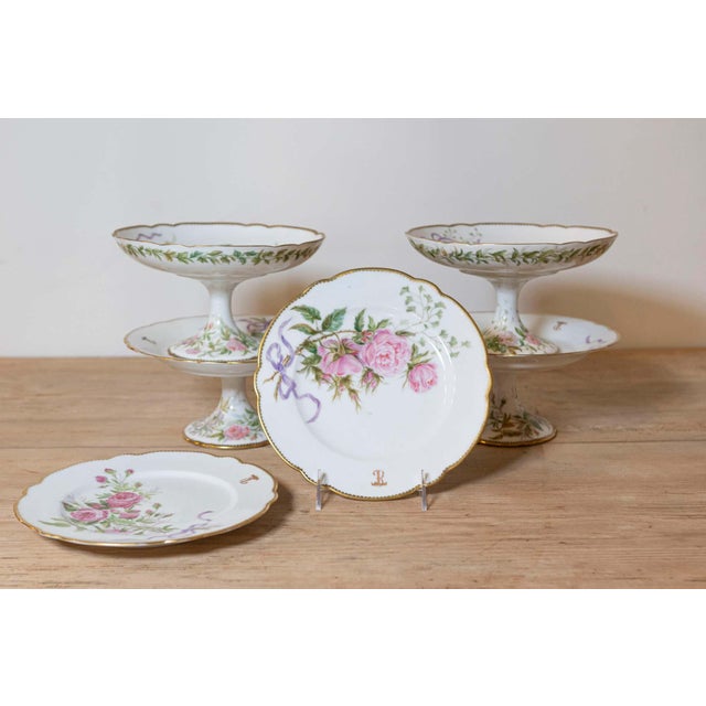 Mid 20th Century Mid 20th Century English Porcelain Compotes and Plates with Floral Décor and Gilt Trim For Sale - Image 5 of 12