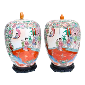 Antique Chinese Ceramic Famille Rose Medallion Jars With Lids - Set of 2