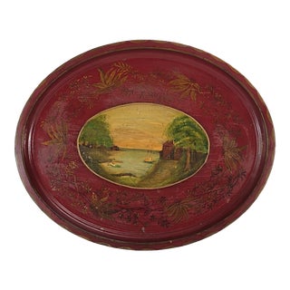 Antique French Red Scenic Oval Tole Tray Hand Painted C. 1880 For Sale
