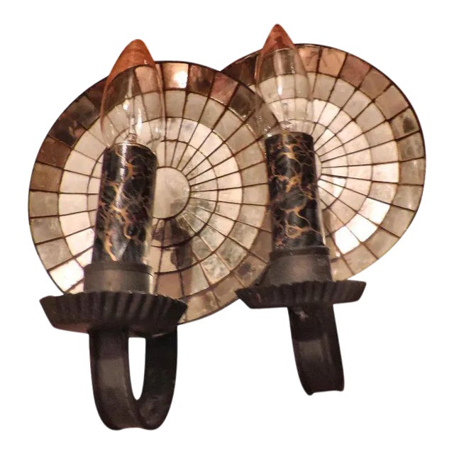 Vintage Colonial Revival Round Mirrored Tole Tin Sconces - A Pair For Sale