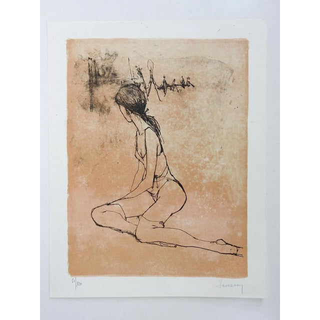 Vintage mid century serigraph on paper seated female dancer by Jean Jansem (1920-2013) France, Light terra cotta...