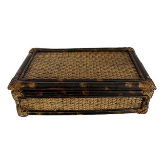 Vintage Woven Rattan With Faux Tortoise Bamboo Lidded Box For Sale