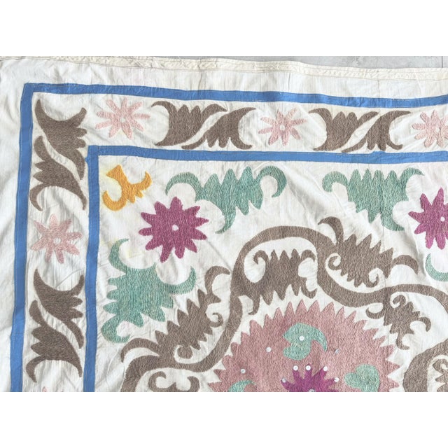 Mid-Century Modern Hand-Embroidered Neutral Tan Suzani Tapestry, 3'10'' X 4'2'' For Sale - Image 3 of 8