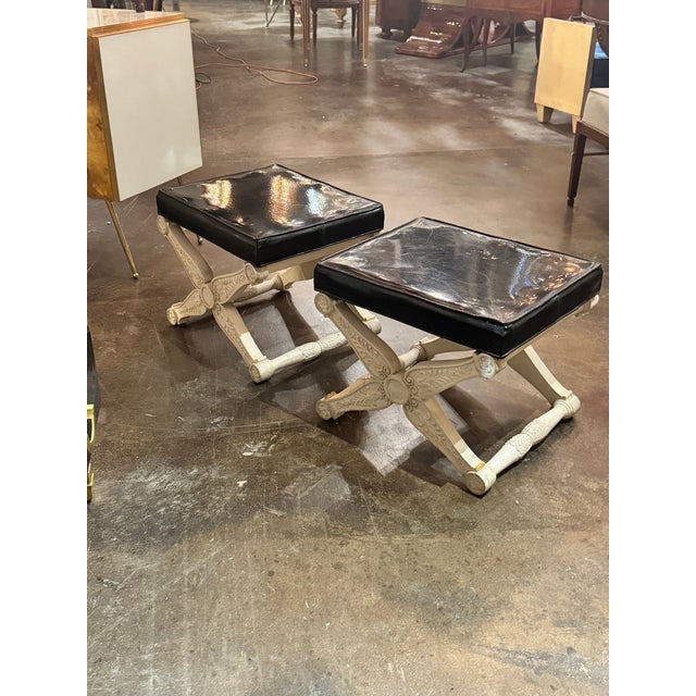 White Pair of French Carved and Painted X Form Benches For Sale - Image 8 of 8