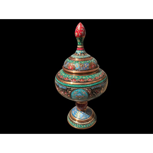 Metal Vintage Hand Painted Copper Pedestal Urn For Sale - Image 7 of 12