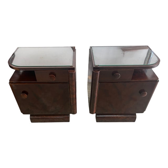 Art Deco Bedside Tables with Burl Walnut Veneer and Glass Tops, Europe, 1950s, Set of 2 For Sale