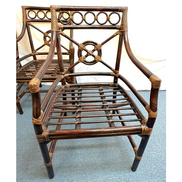 Wood Vintage McGuire Inspired Target Back Style Bamboo and Rawhide Wrapped Arm Chairs With Cushions- Set of 4 For Sale - Image 7 of 18