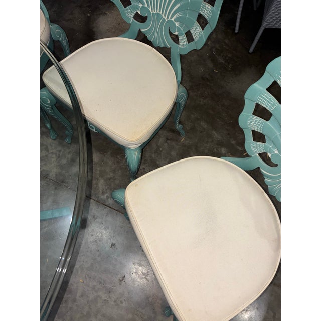 Metal Hollywood Regency Veneman Cast Aluminum Clamshell Patio Set With Tags, Four Chairs, Bar Stools, and Glass Pedestal Table, 7 Pieces For Sale - Image 7 of 12