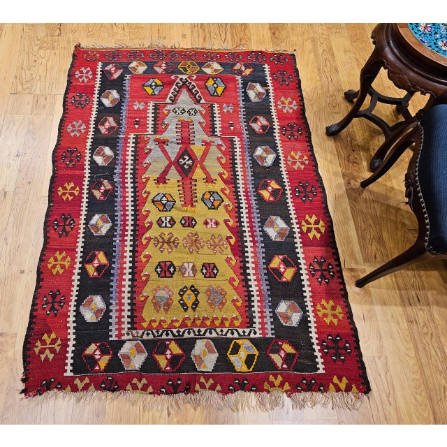 Antique Turkish Kilim, Handwoven Wool, Prayer Pattern, Pale Yellow & Red, 4x5 For Sale - Image 10 of 12
