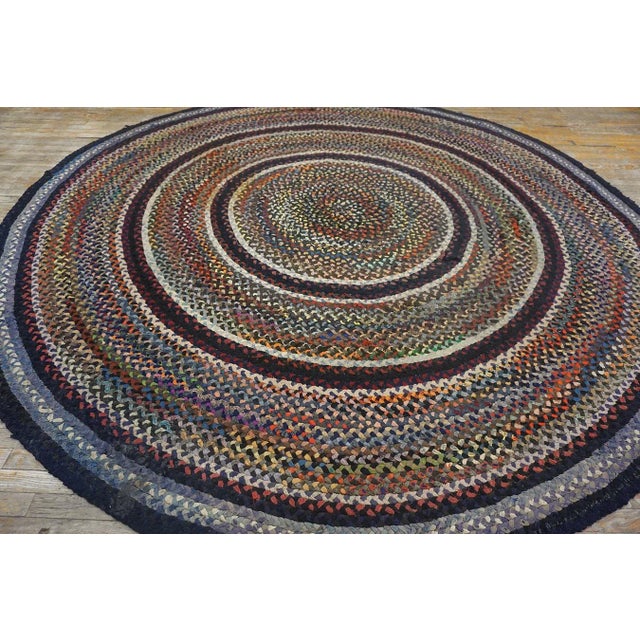 American 1930s Multicolor Geometric Folk Art Antique American Braided Rug 9'10'' X 9'10'' Oval Carpet For Sale - Image 3 of 12